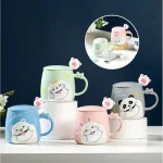 Hayvan Figürlü Pati Kaşıklı Kapaklı Renkli Seramik Kupa Bardak