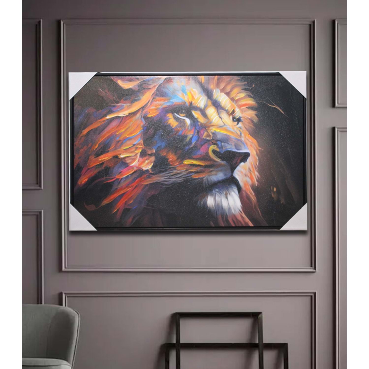 aslan-yağlı-tablo- Aslan Kanvas Yagli Boya Tablo, Renkli, 90X30 - Görsel 1