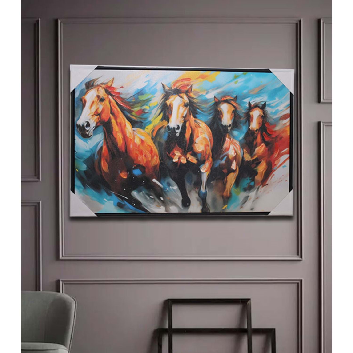 atlar-yağlı-tablo Kosan Atlar Kanvas Yagli Boya Tablo, Renkli, 90X30 - Görsel 1