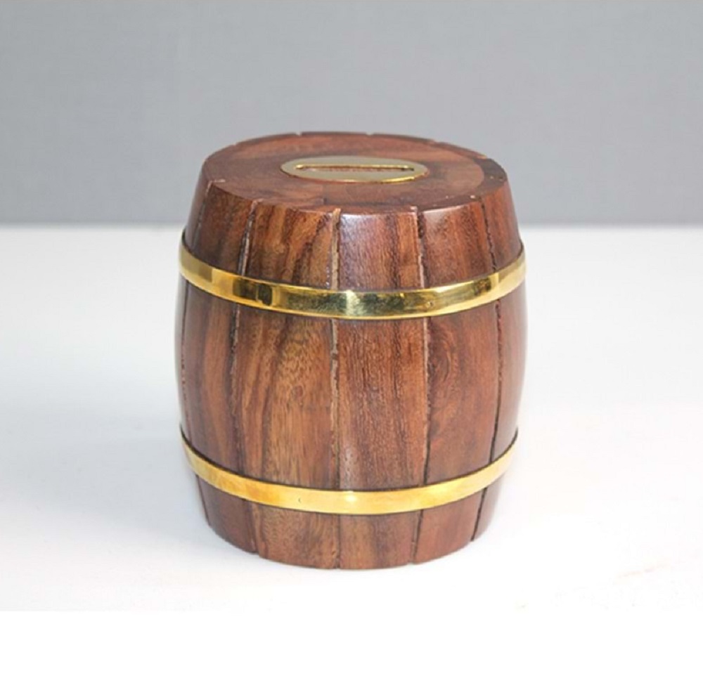 Ahşap-Mini-Fıçı-Kumbara-Pirinç-Detaylı-10-cm Ahşap Mini Fiçi Kumbara Pirinç Detayli, 10x7 - Görsel 1