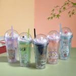 Desenli Isikli ve Pipetli Bardak, 450 ml, Boncuklu ve Kapakli, 20x8