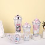 Kedi Işıklı ve Pipetli Bardak, 450 ml, Buzlu ve Kapakli, 20x8