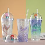 Deniz Kizi Işıklı ve Pipetli Bardak, 450 ml, Buzlu ve Kapakli, 20x8