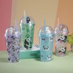 Pandacik Işıklı ve Pipetli Bardak, 450 ml, Buzlu ve Kapakli, 20x8