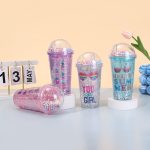 Sloganli Işıklı ve Pipetli Bardak, 450 ml, Buzlu ve Kapakli, 20x8