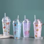 Tavşan Işıklı ve Pipetli Bardak, 450 ml, Buzlu ve Kapakli, 20x8