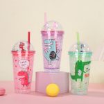 Timsah Işıklı ve Pipetli Bardak, 450 ml, Buzlu ve Kapakli, 20x8