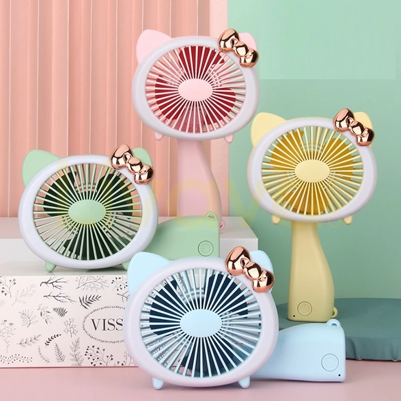 kedili-mini-fan Kedi Taşarımlı 3 Kademeli Şarjlı Masaüstü Işıklı Katlanabilir Mini Fan - Görsel 1