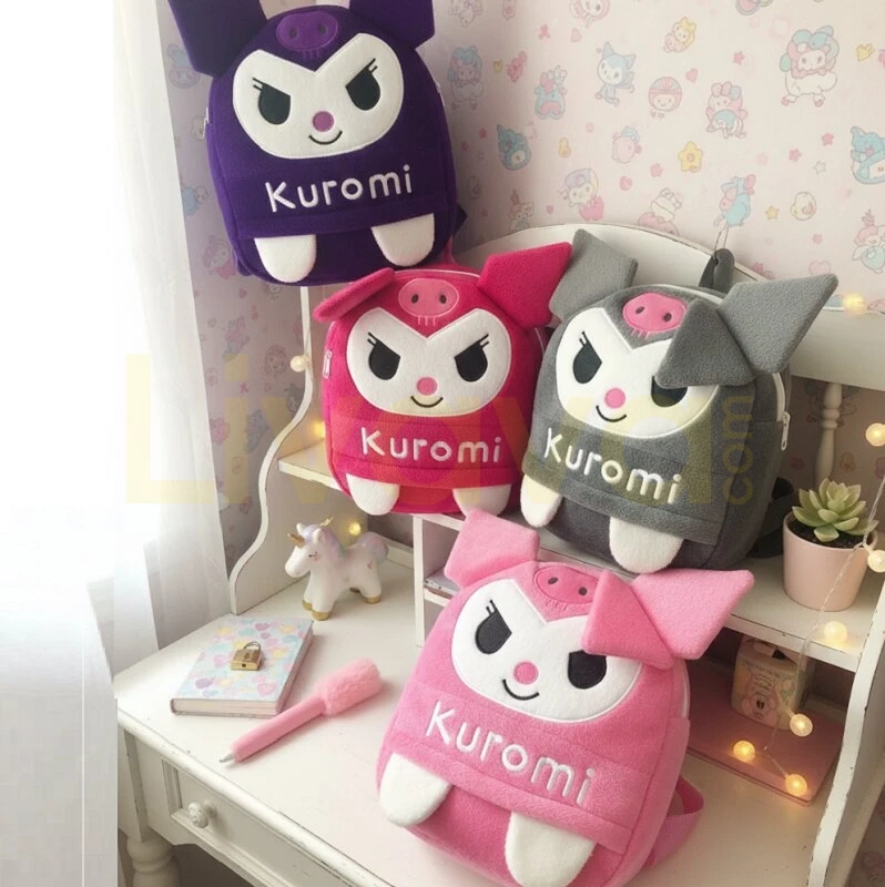 kuromi-sırt-çantası-peluş Kuromili Mini Peluş Çanta, Ayarlanabilir Çocuk Sırt Çantası Askılı, Astarlı, Fermuarlı, 30 cm - Görsel 1