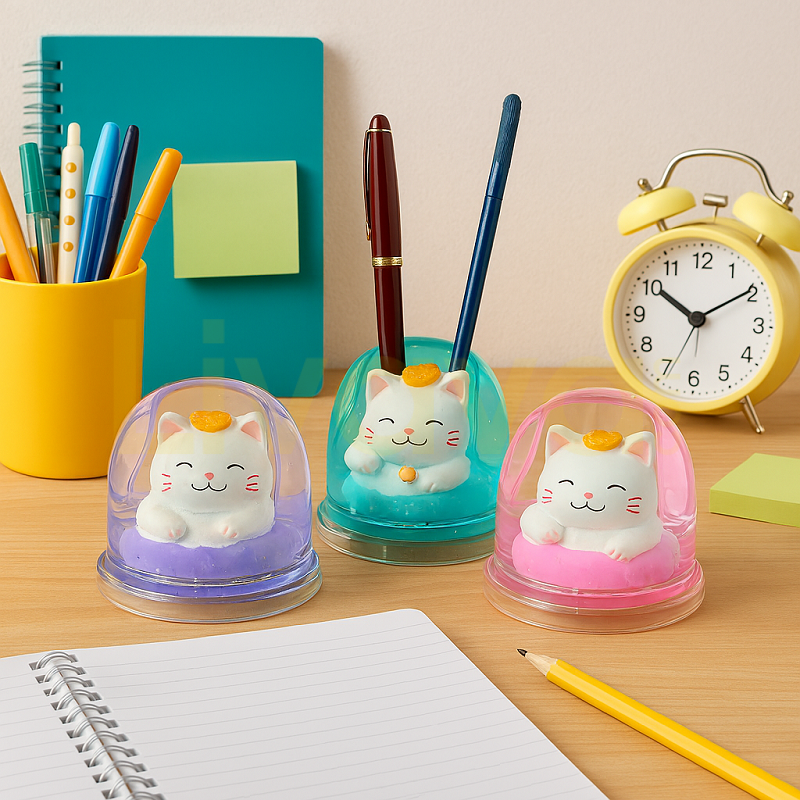 Kedicik-sulu-kalemlik Kedicik Mini Sulu Kalemlik, Kar küresi Efektli Dekoratif Masaüstü Aksesuarı, 8 cm - Görsel 1