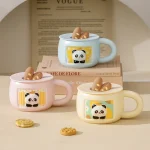 Panda ve Baget Ekmek Figürlü Pastel Taşarım Seramik Kupa Silikon Kapaklı, 9x8 cm