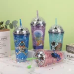 Astronot Işıklı ve Pipetli Bardak, 450 ml, Buzlu ve Kapaklı, 20x8