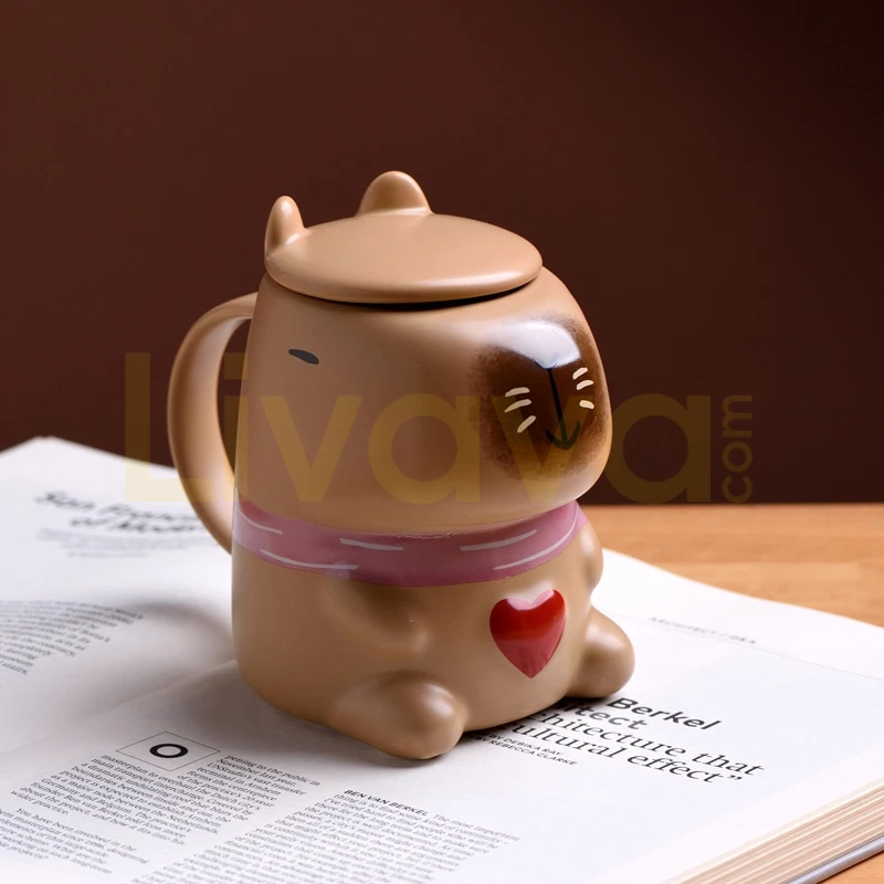 capybara-seramik-kupa-kahve Kalpli Capybara Kapaklı Seramik Kupa - Romantik Taşarım Hediyelik Mug - Görsel 1