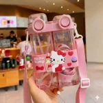 Hello Kitty Çift Bölmeli Pipetli Matara - Askılı Sızdırmaz Çocuk Suluğu