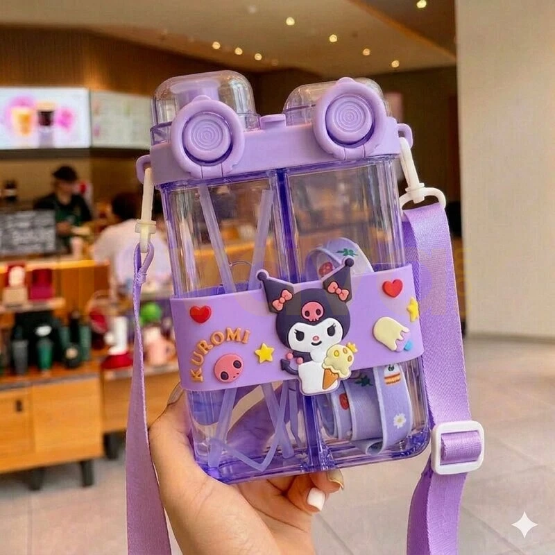 çift-bölmeli-suluk-kuromi Kuromi Çift Bölmeli Pipetli Matara - Askılı Sızdırmaz Çocuk Suluğu - Görsel 1