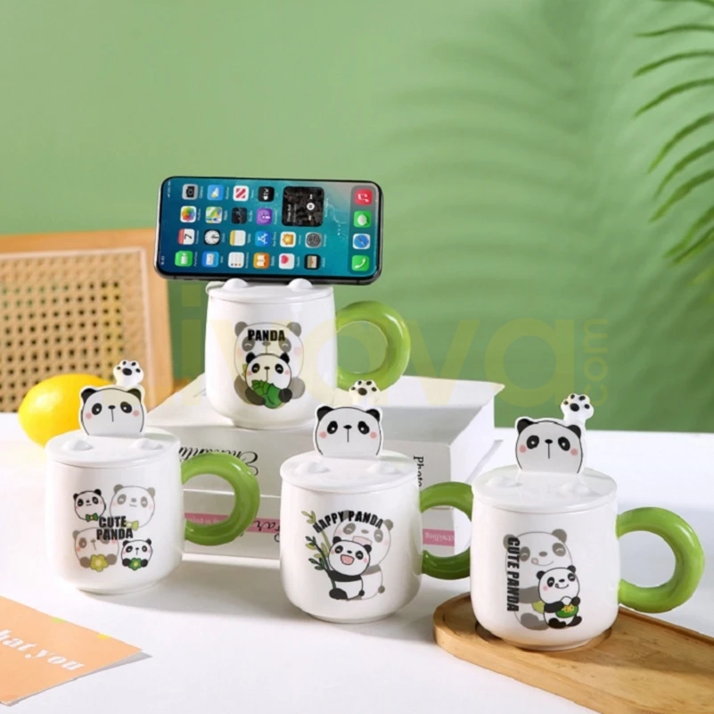 panda-seramik-kupa-telefon-tutucu Telefon Tutucu Kapaklı Sevimli Panda Figürlü Seramik Kupa Bardak - Görsel 1