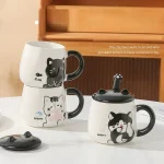 Kedi Figürlü Pati Kaşıklı Kapaklı Seramik Kupa Bardak