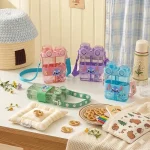 Stitch Figürlü Çift Bölmeli Pipetli Matara - Askılı Sızdırmaz Çocuk Suluğu