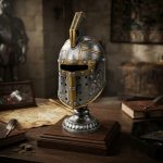 Antik Gümüş ve Altın Detaylı Orta Çağ Şövalye Miğferi - Dekoratif Great Helm